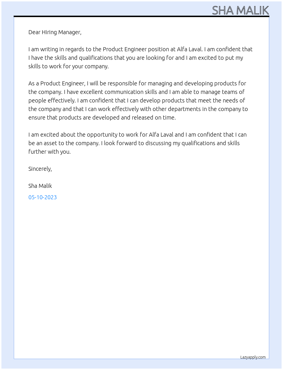 Product Engineer  At Alfa Laval Cover Letter