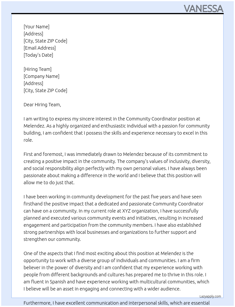 Community Coordinator At Melendez Cover Letter