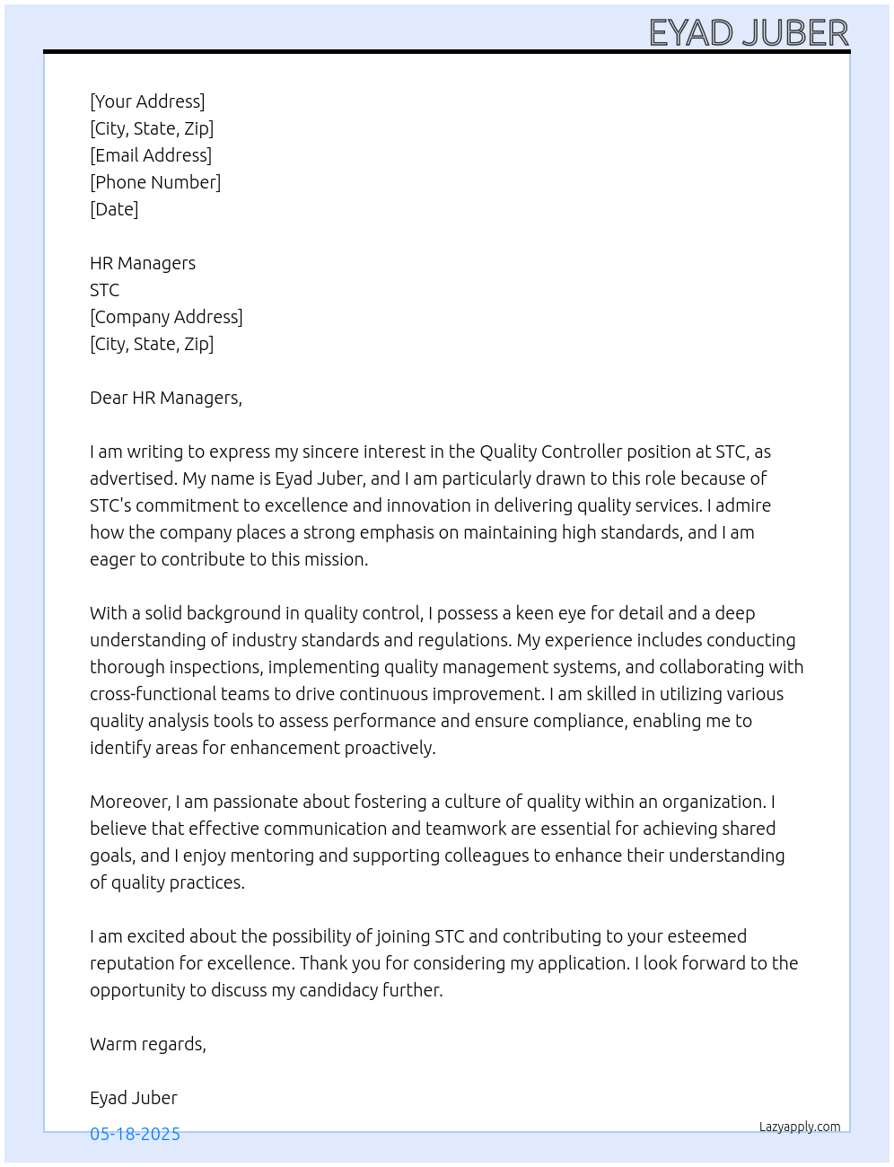 Quality Controller At STC Cover Letter