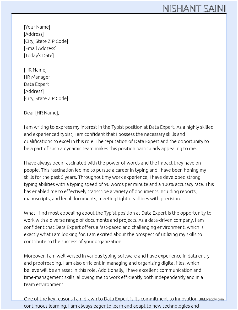 Typist At Data expert Cover Letter