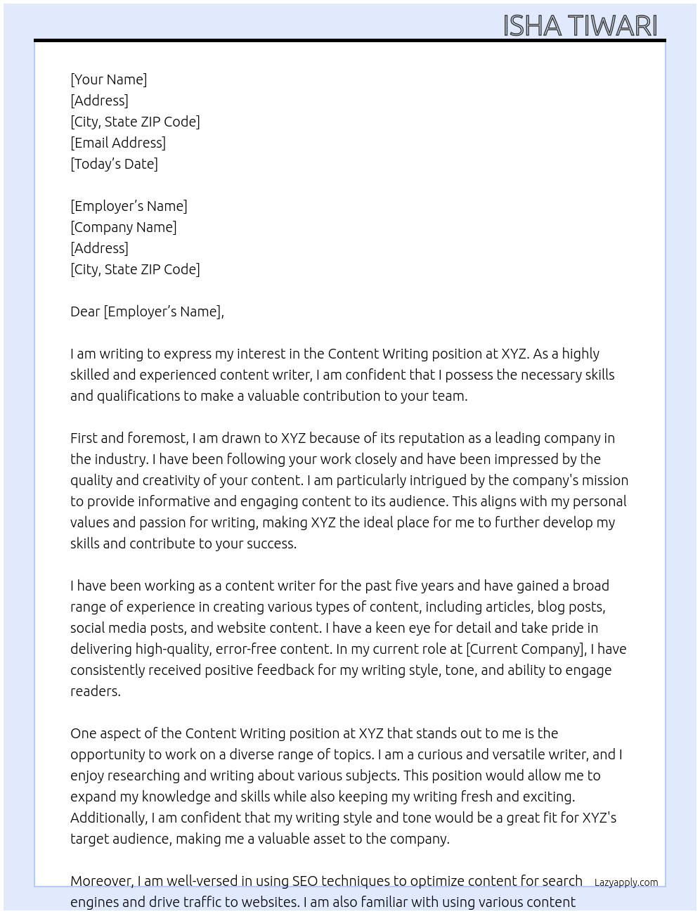 CONTENT WRITING At XYZ Cover Letter