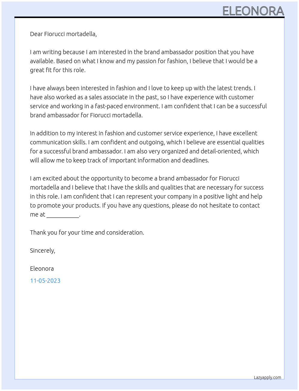 Brand ambassador  At Fiorucci mortadella  Cover Letter