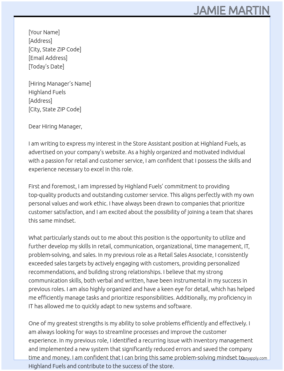 Store Assistant At Highland Fuels Cover Letter