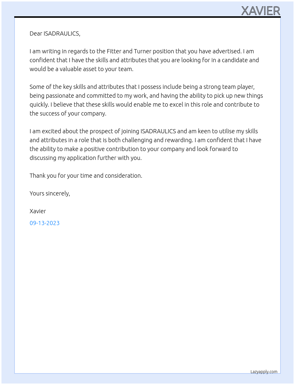 Fitter and turner At ISADRAULICS Cover Letter