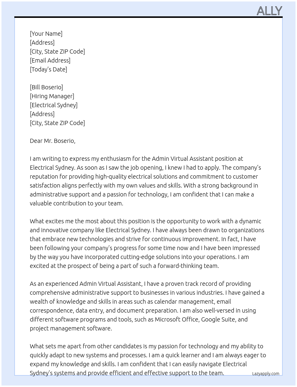 Cover letter for admin virtual assistant - LazyApply