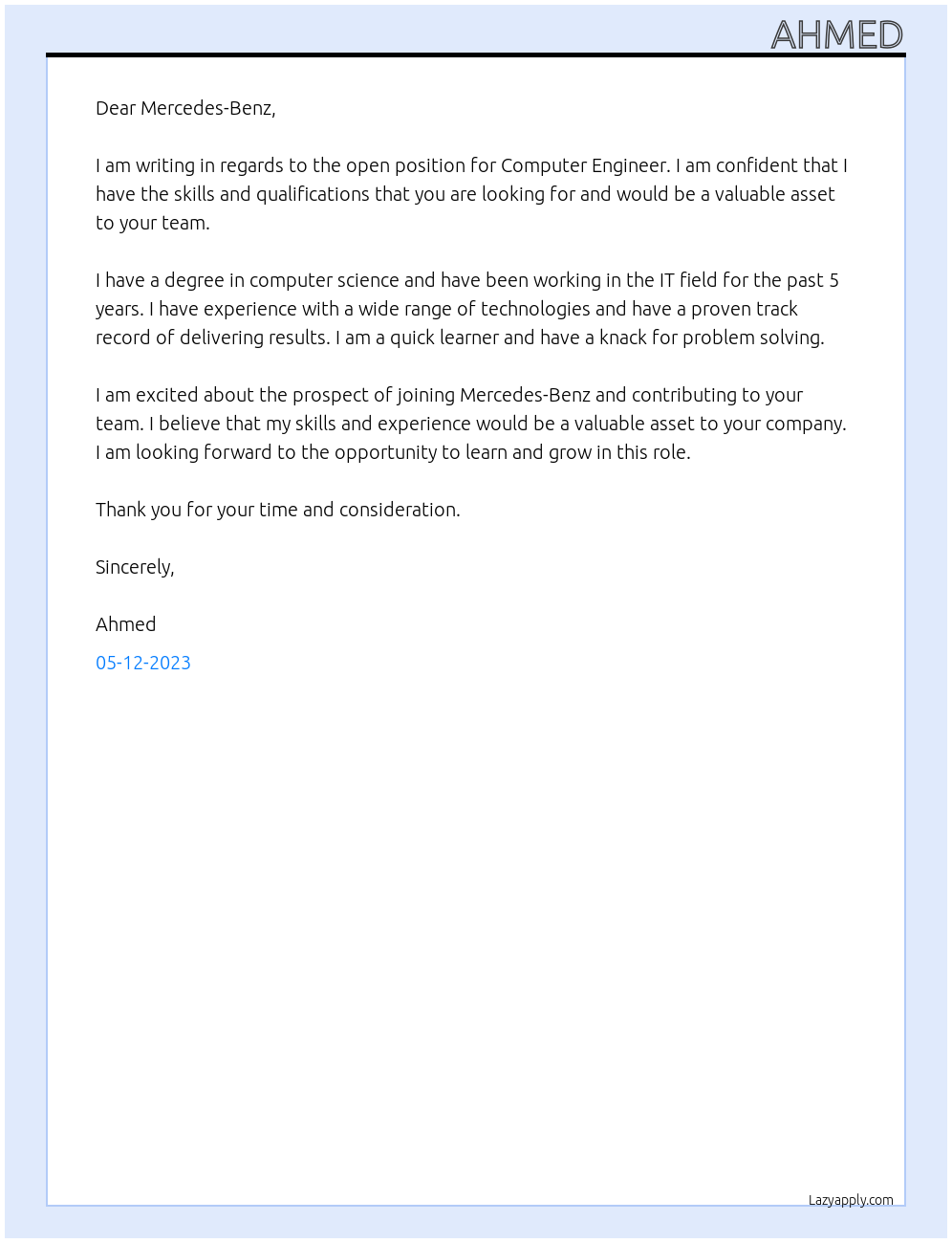 Computer Engineer At Mercedes-Benz Cover Letter