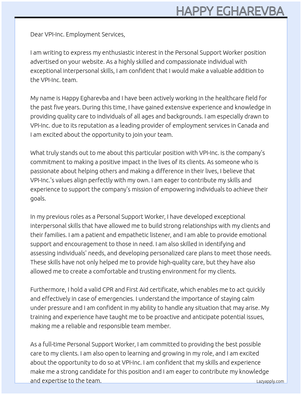 Personal support worker  At Vpi-inc. Cover Letter