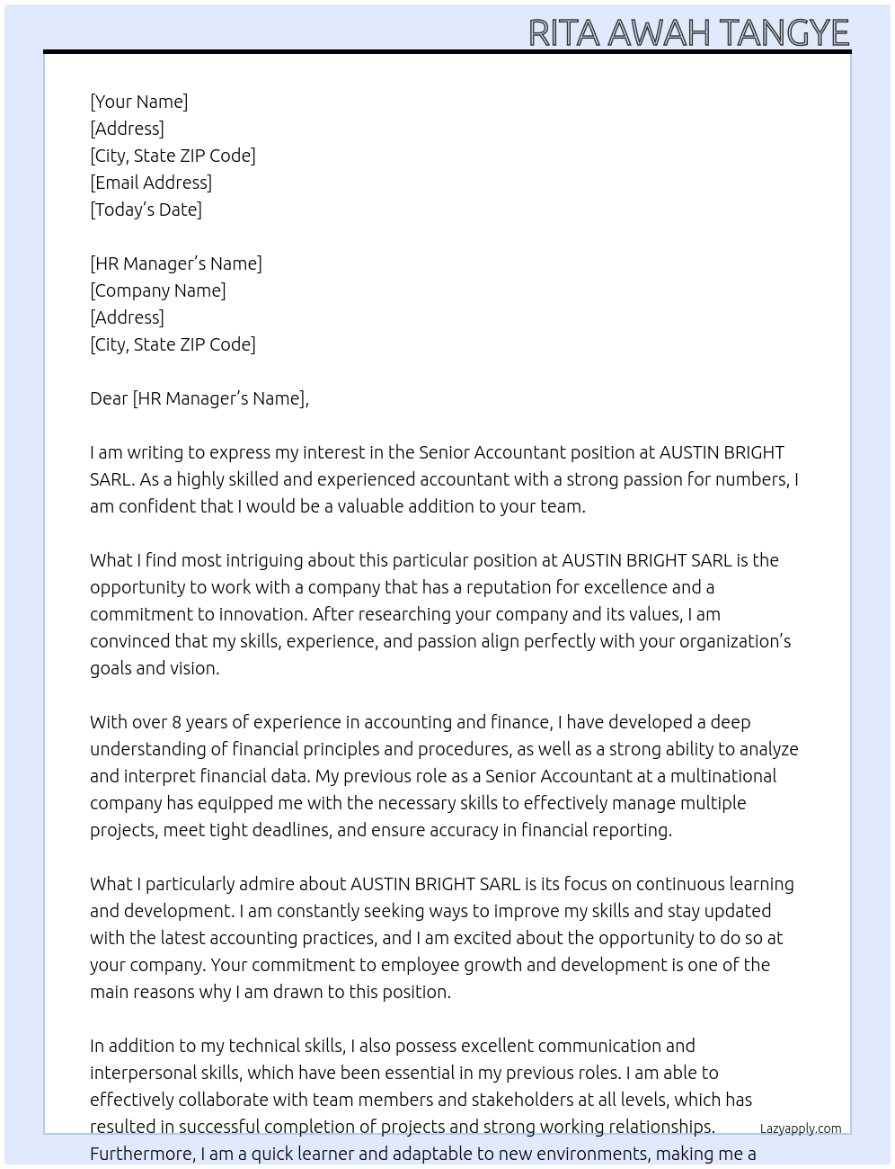 Senior Accountant At AUSTIN BRIGHT SARL Cover Letter