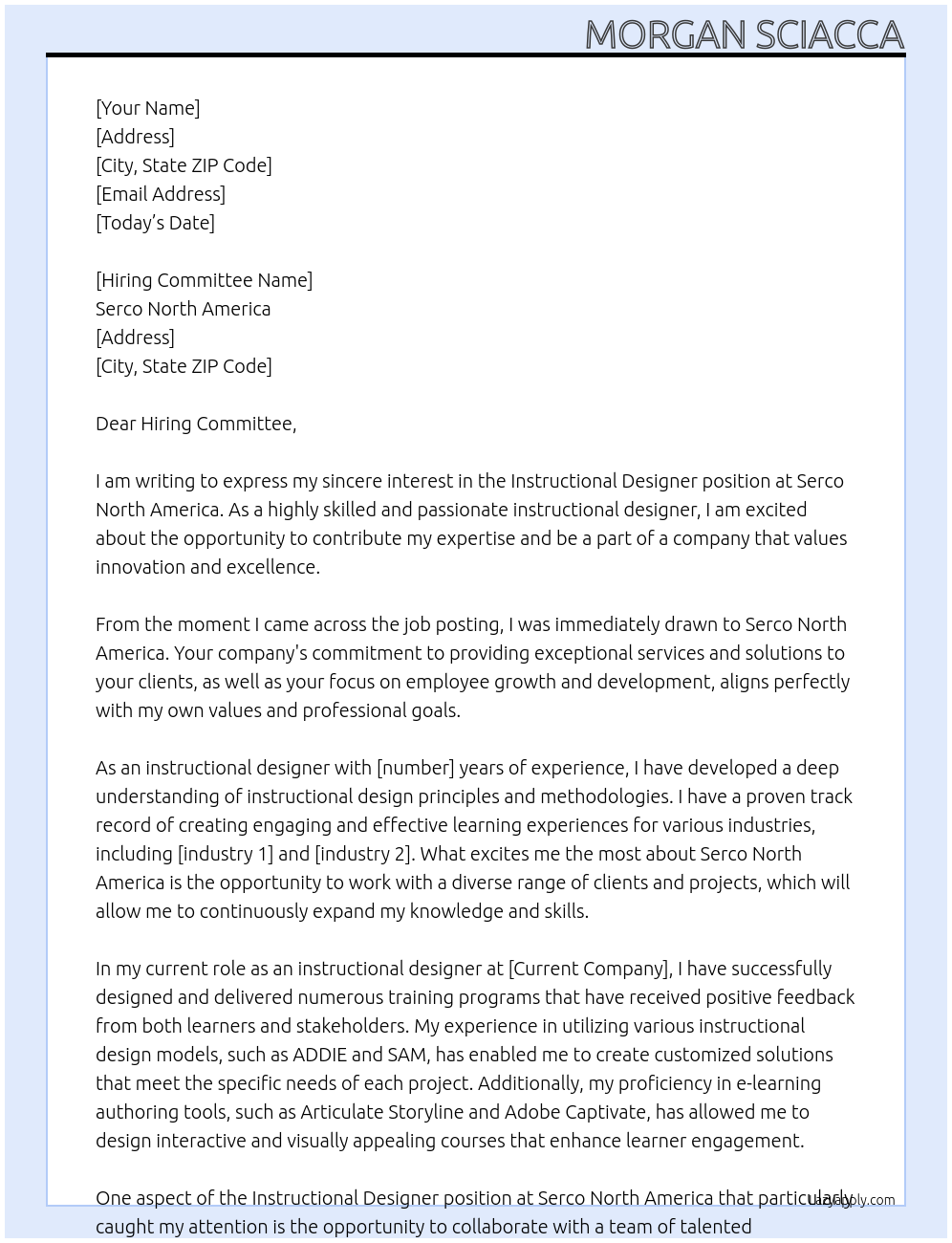 Instructional Designer At Serco North America Cover Letter