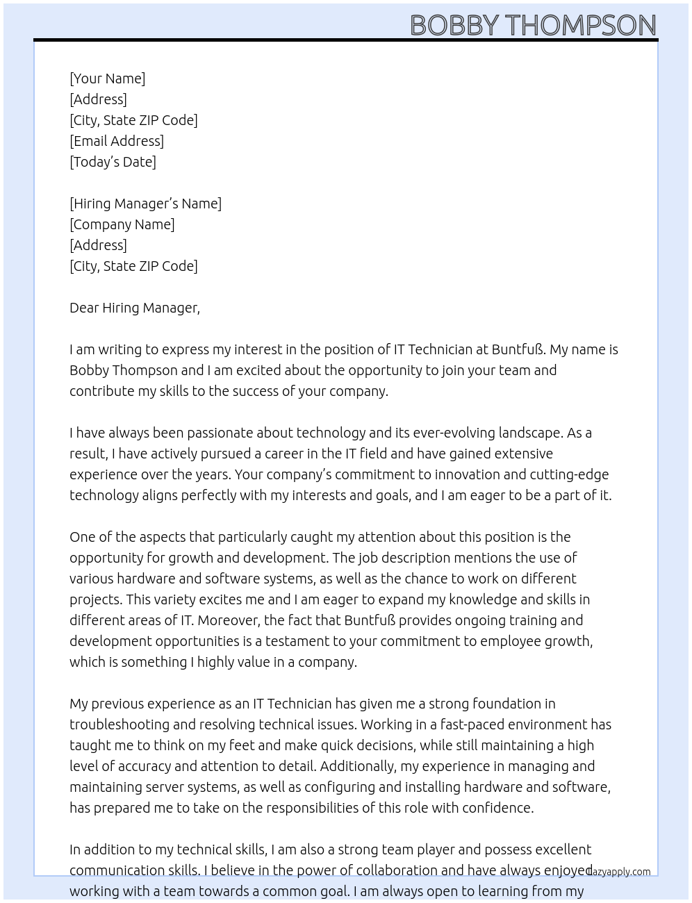 IT Technician At Buntfuß Cover Letter