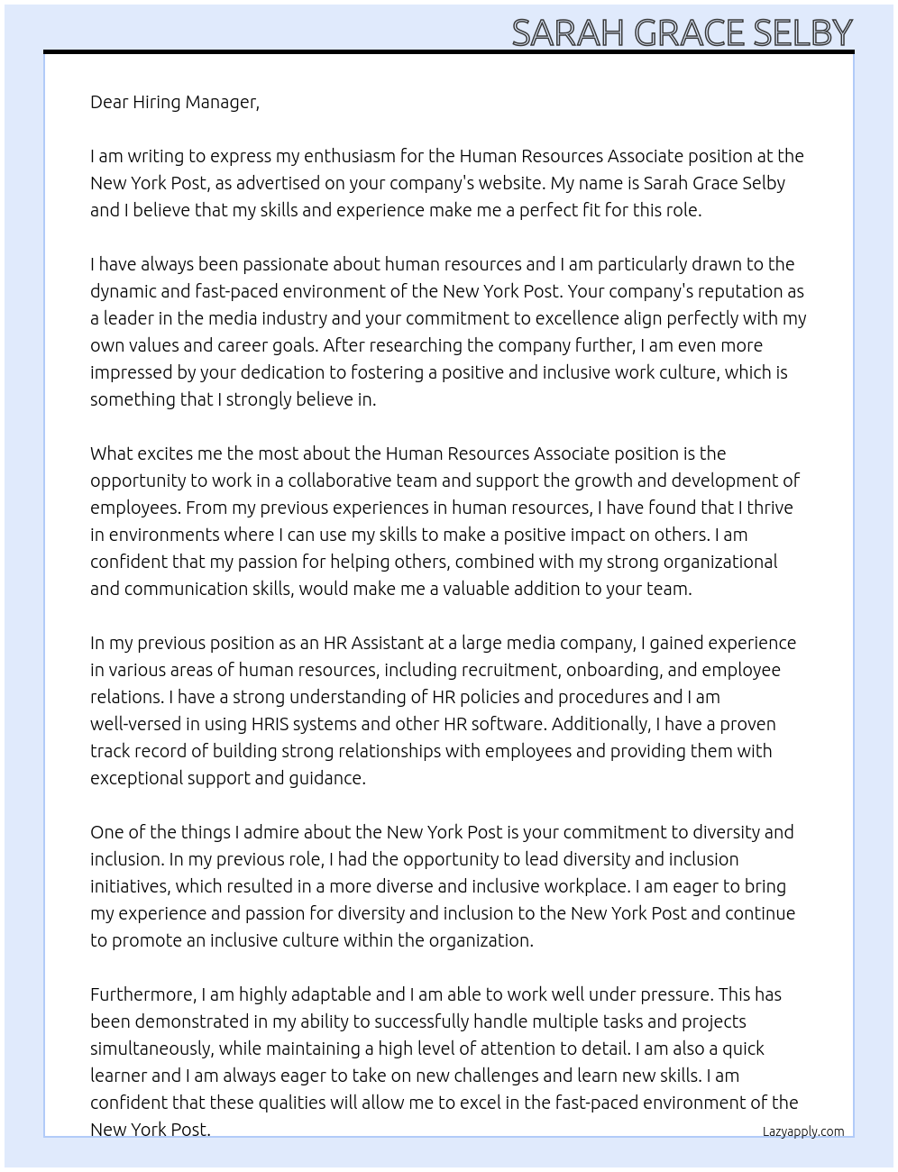 Human Resources Associate  At New York Post Cover Letter