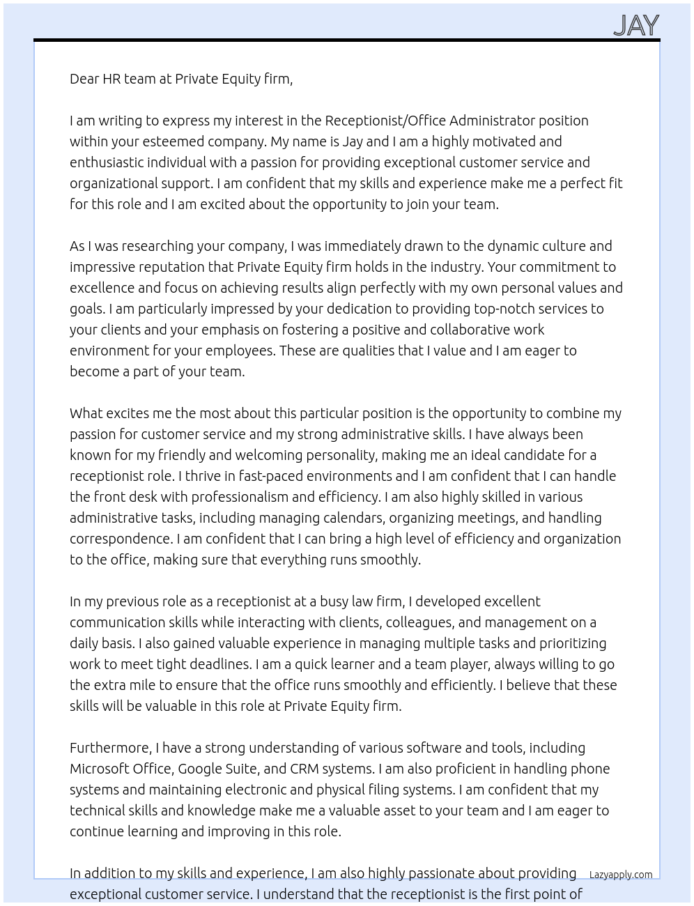 Receptionist / Office Administrator At Private Equity firm Cover Letter