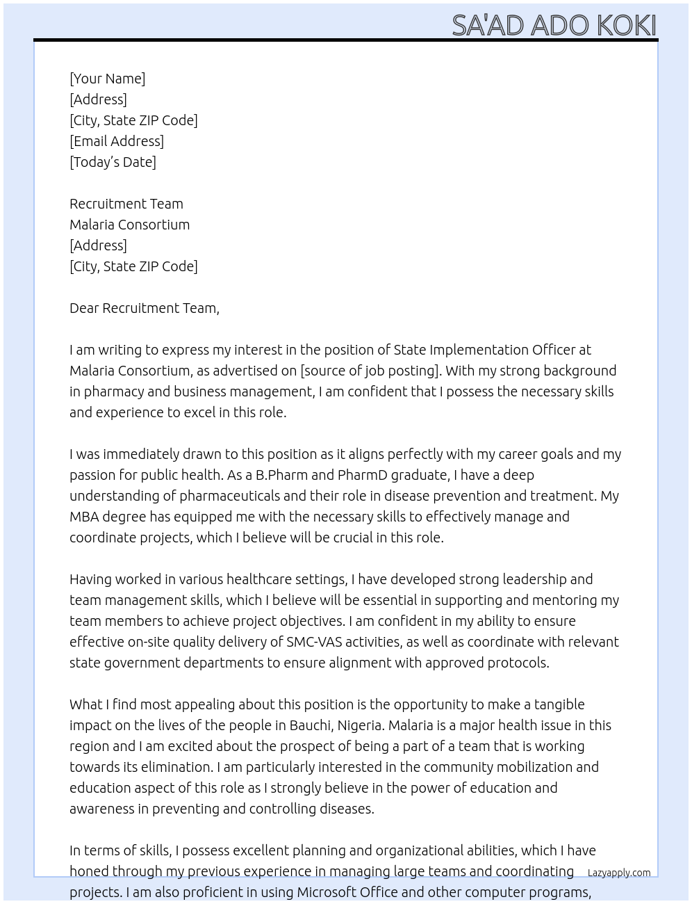 State Implementation officer At Malaria Consortium Cover Letter