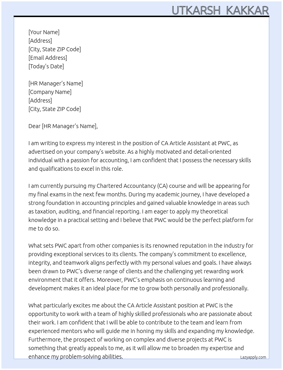 CA ARTICLE Assistant At PWC Cover Letter