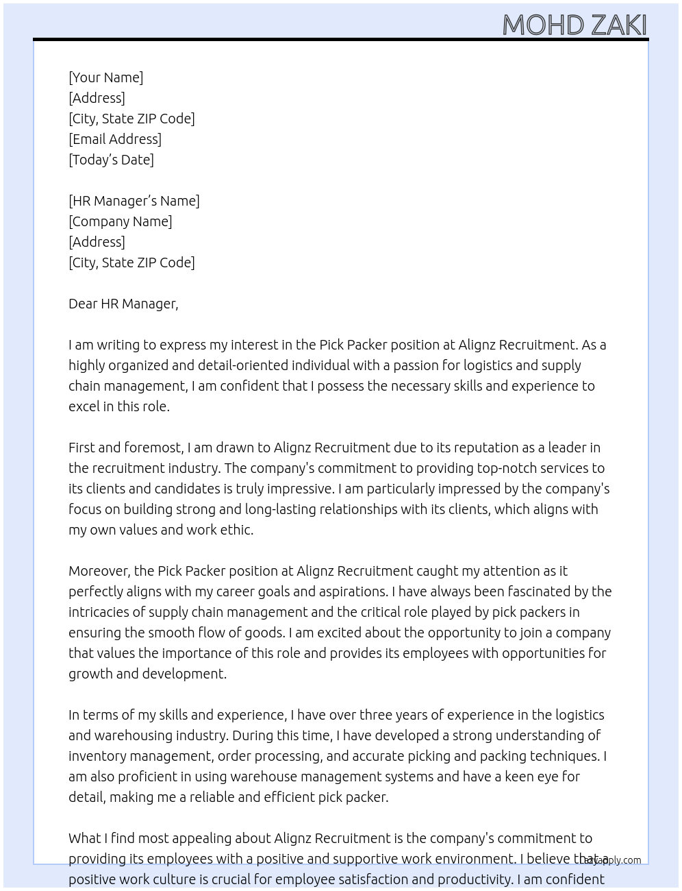 Pick Packer At Alignz Recruitment  Cover Letter