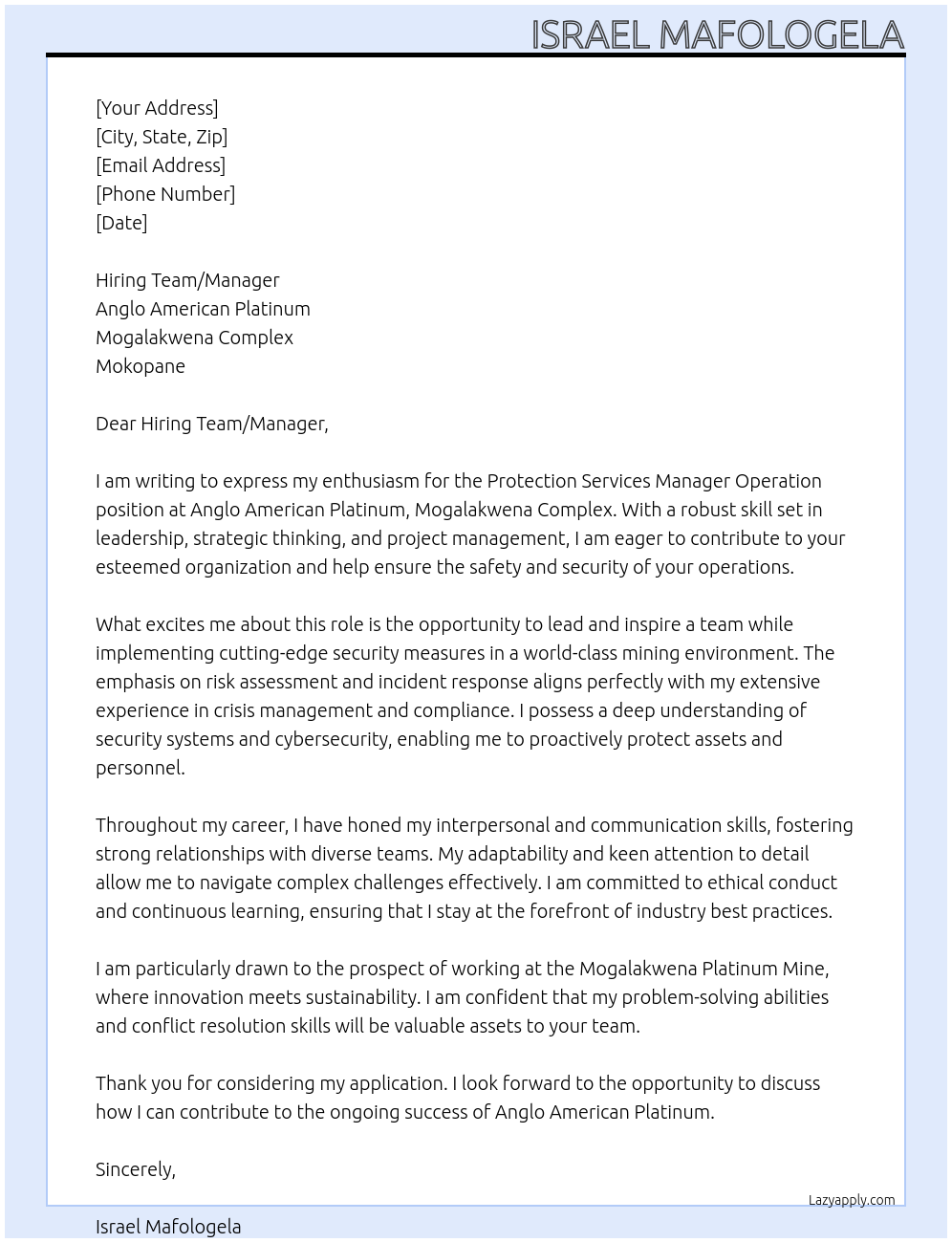Protection Services Manager Operation At Anglo American Platinum - Mogalakwena Complex, Mokopane Cover Letter