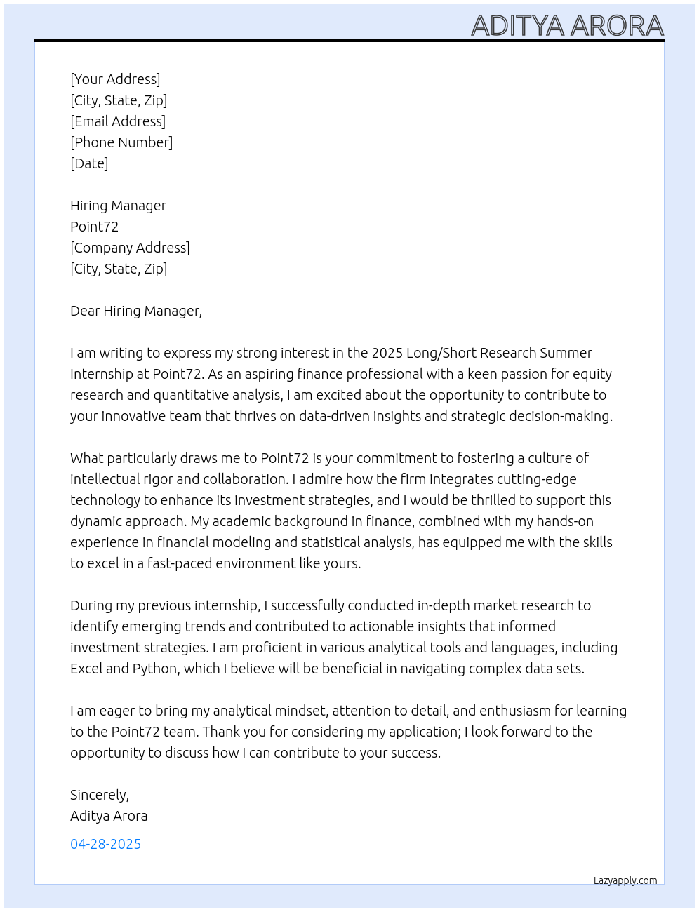 2025 Long/Short Research Summer Internship At Point72 Cover Letter