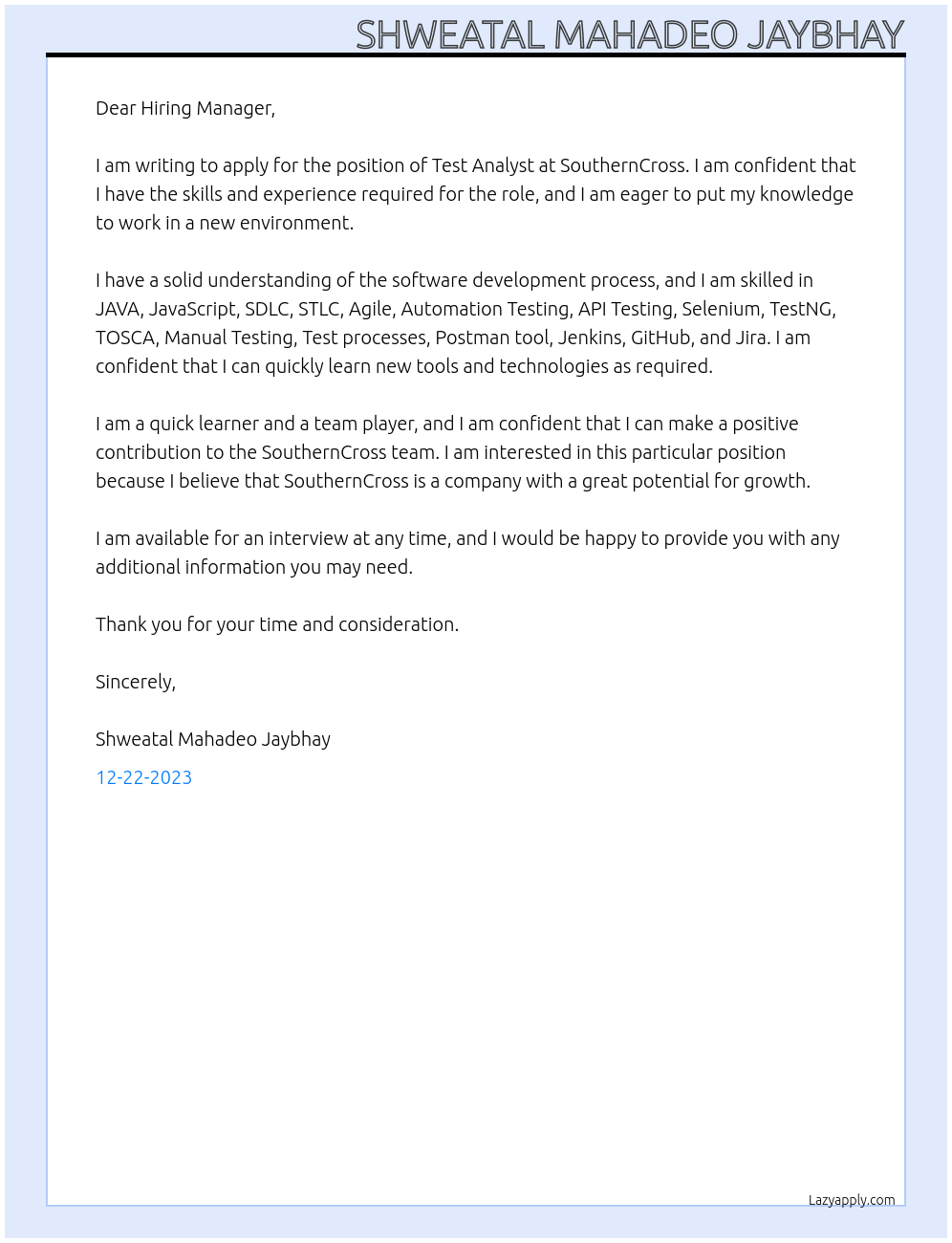  Test Analyst At SouthernCross Cover Letter