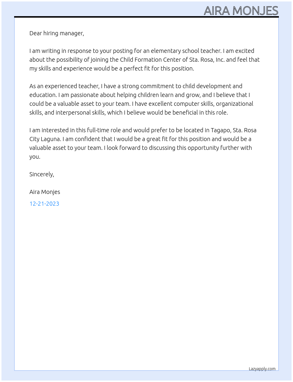 Elementary Teacher At Child Formation Center of Sta. Rosa, Inc. Cover Letter