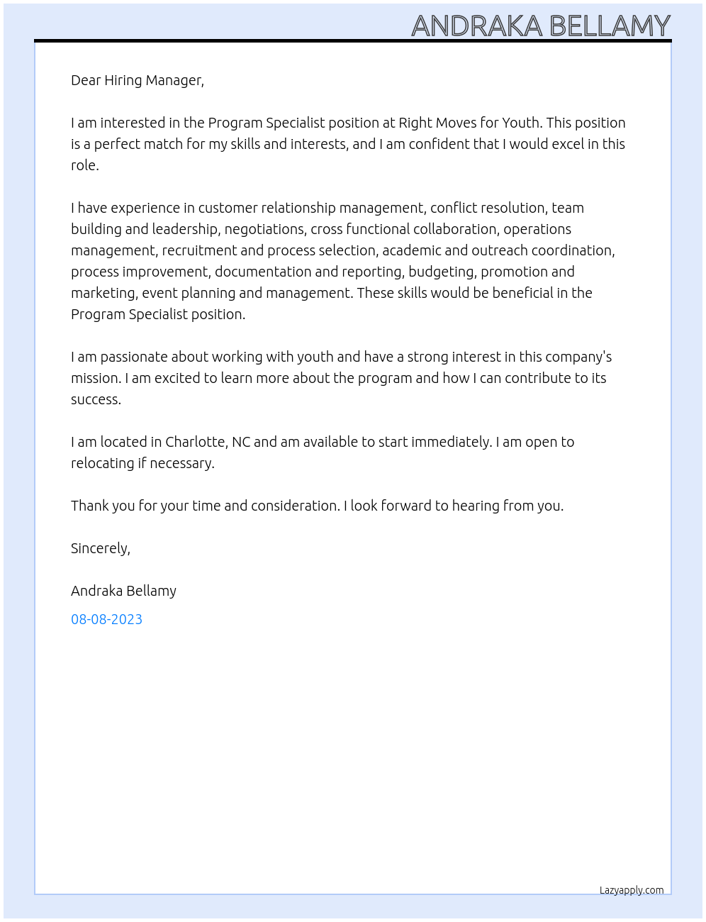 Program Specialist At Right Moves for Youth Cover Letter