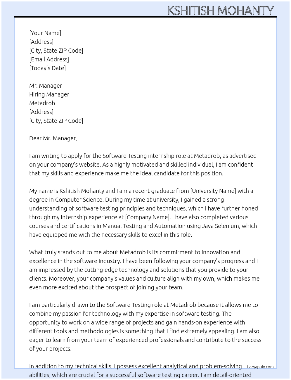 Software testing  At Metadrob Cover Letter