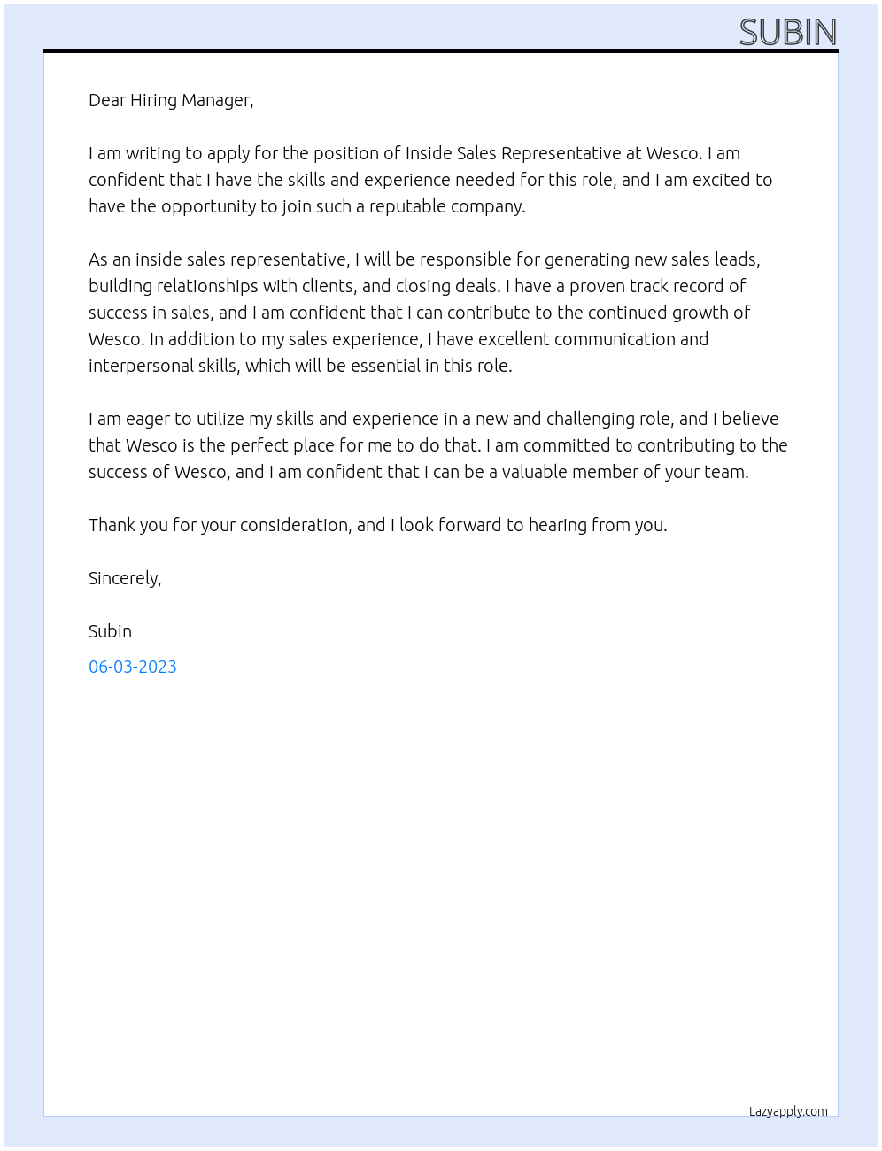 Inside sales representative At Wesco Cover Letter