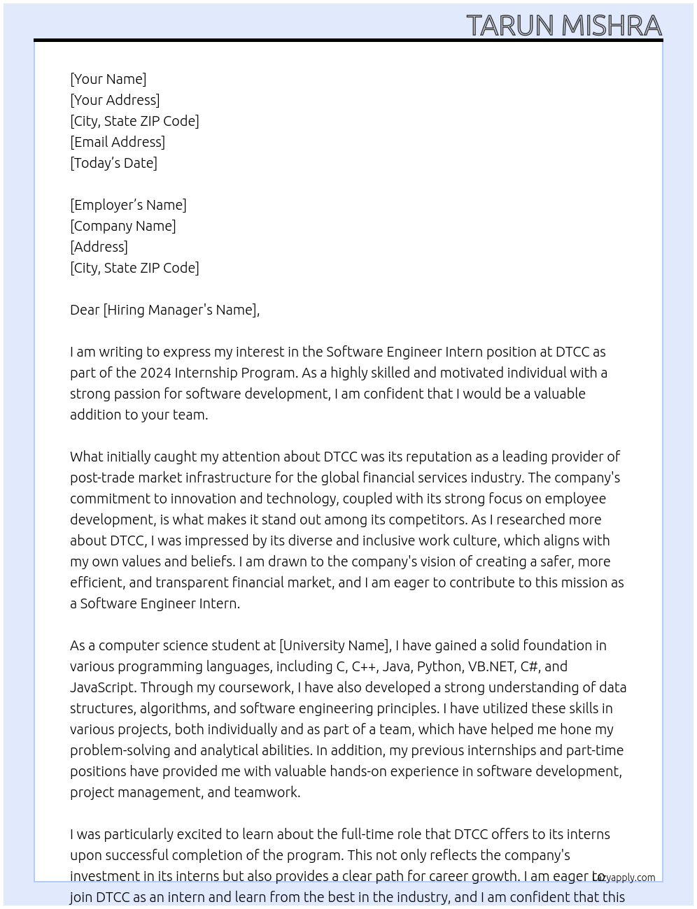 Software Engineer Intern [2024 Internship Program] At DTCC Cover Letter