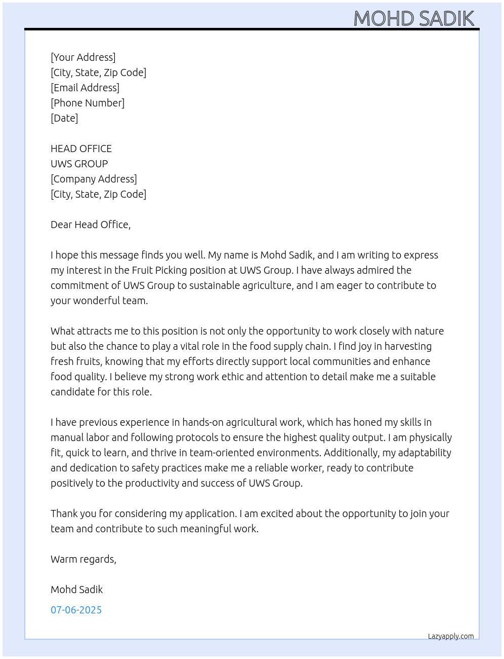 Fruit picking  At UWS GROUP  Cover Letter