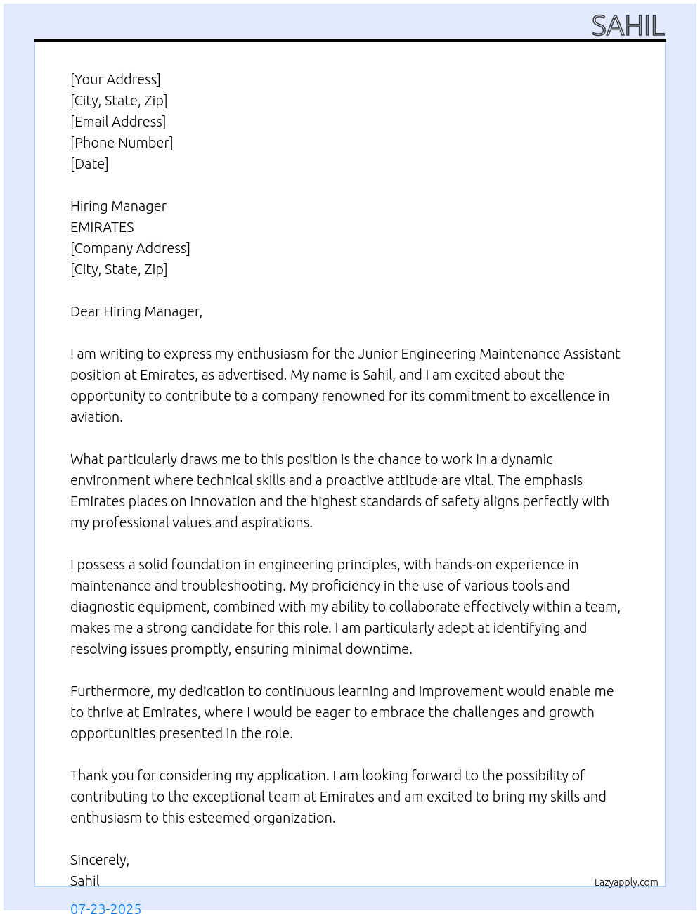 Cover letter for junior engineering maintenance assistant - LazyApply