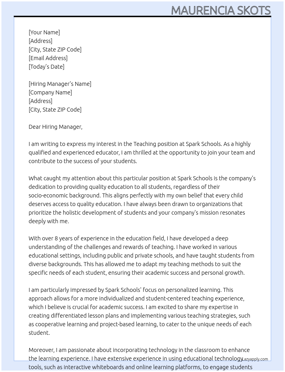 Teaching position  At Spark Schools  Cover Letter