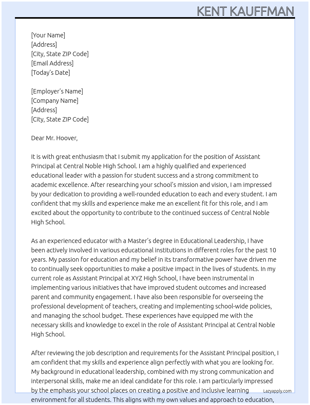 Assistant principal At Central Noble High School Cover Letter