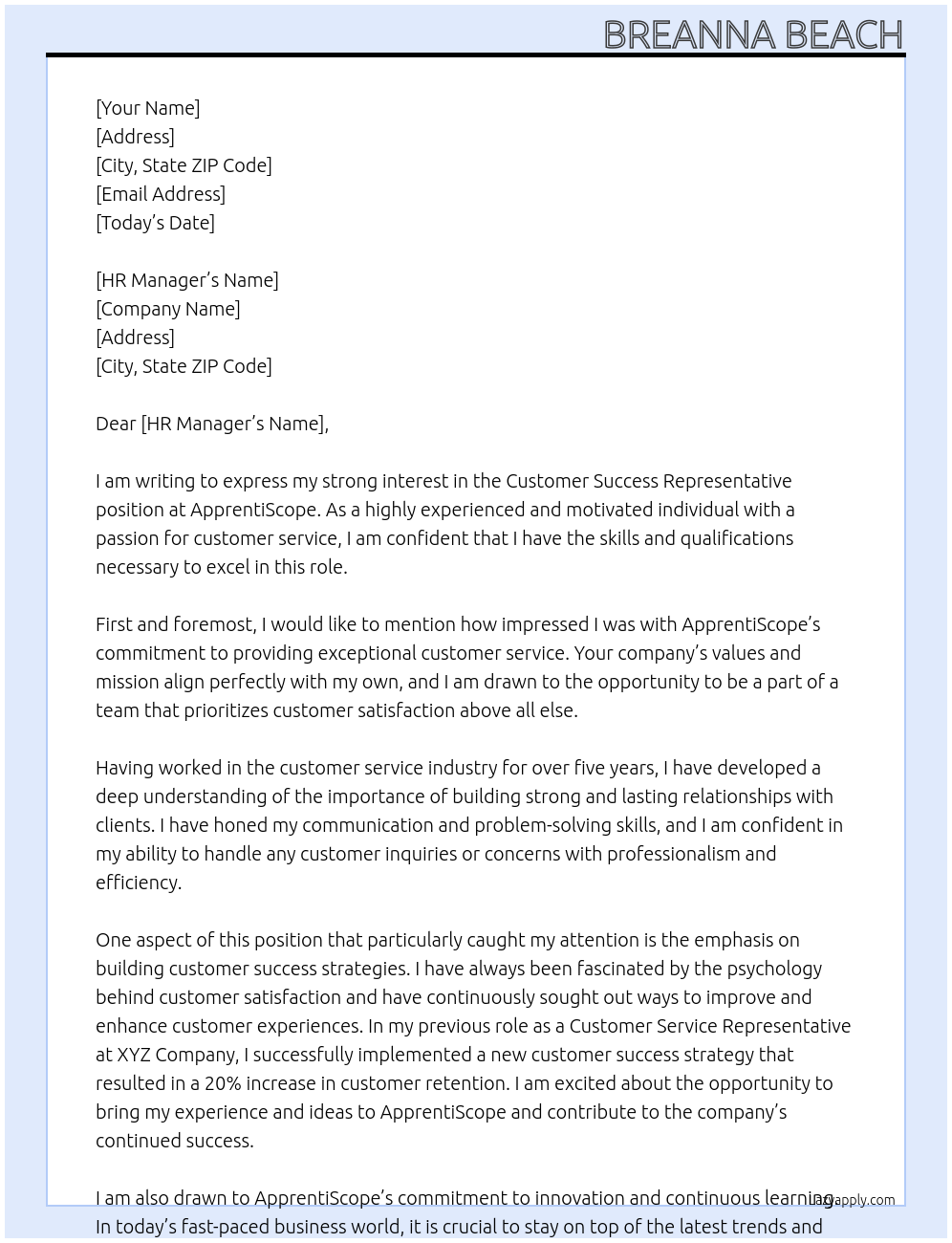 Customer Success Representative At ApprentiScope Cover Letter