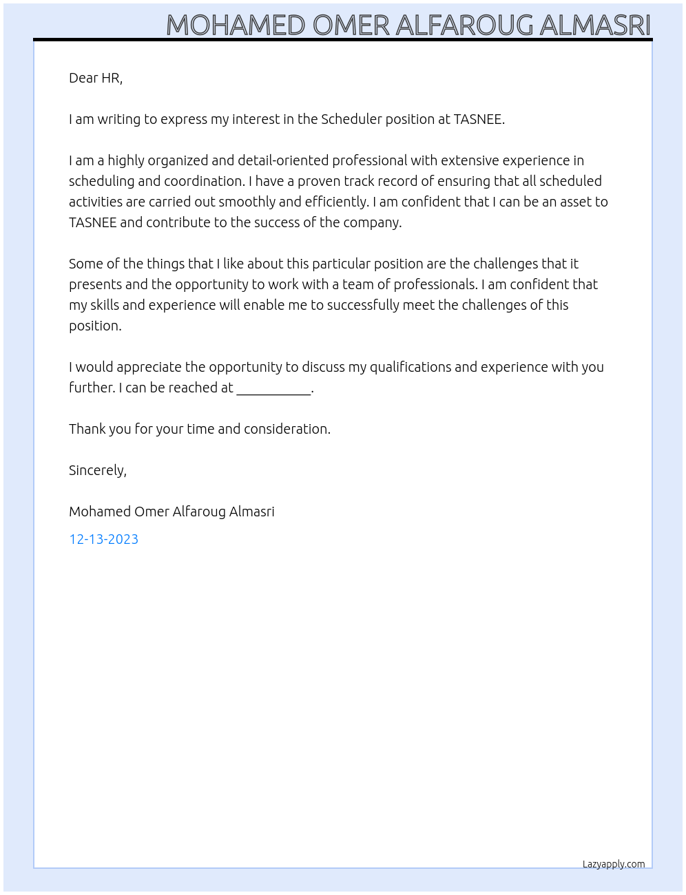 Scheduler At TASNEE Cover Letter
