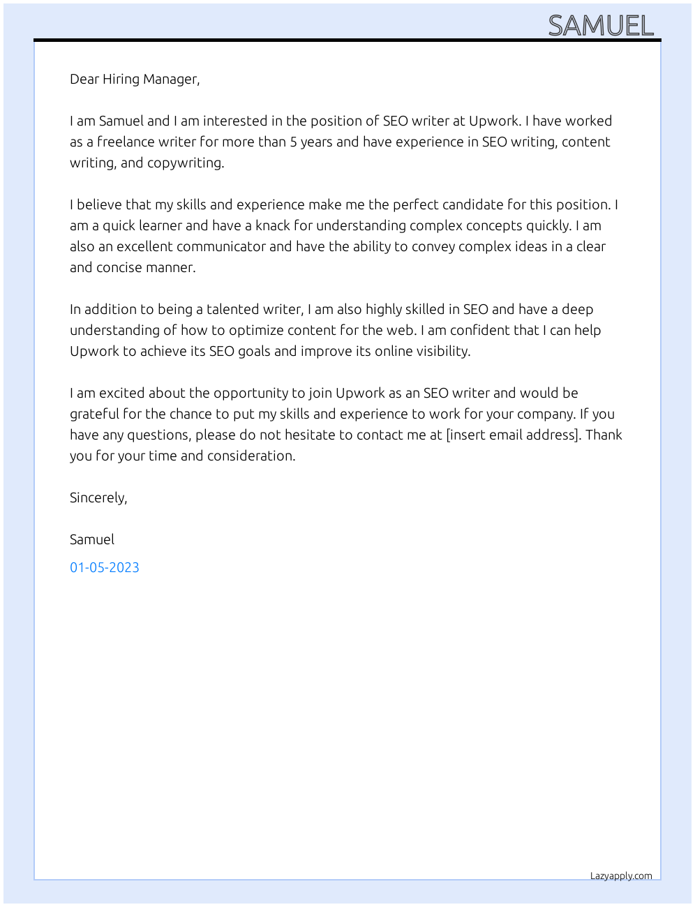 SEO writer  At Upwork  Cover Letter
