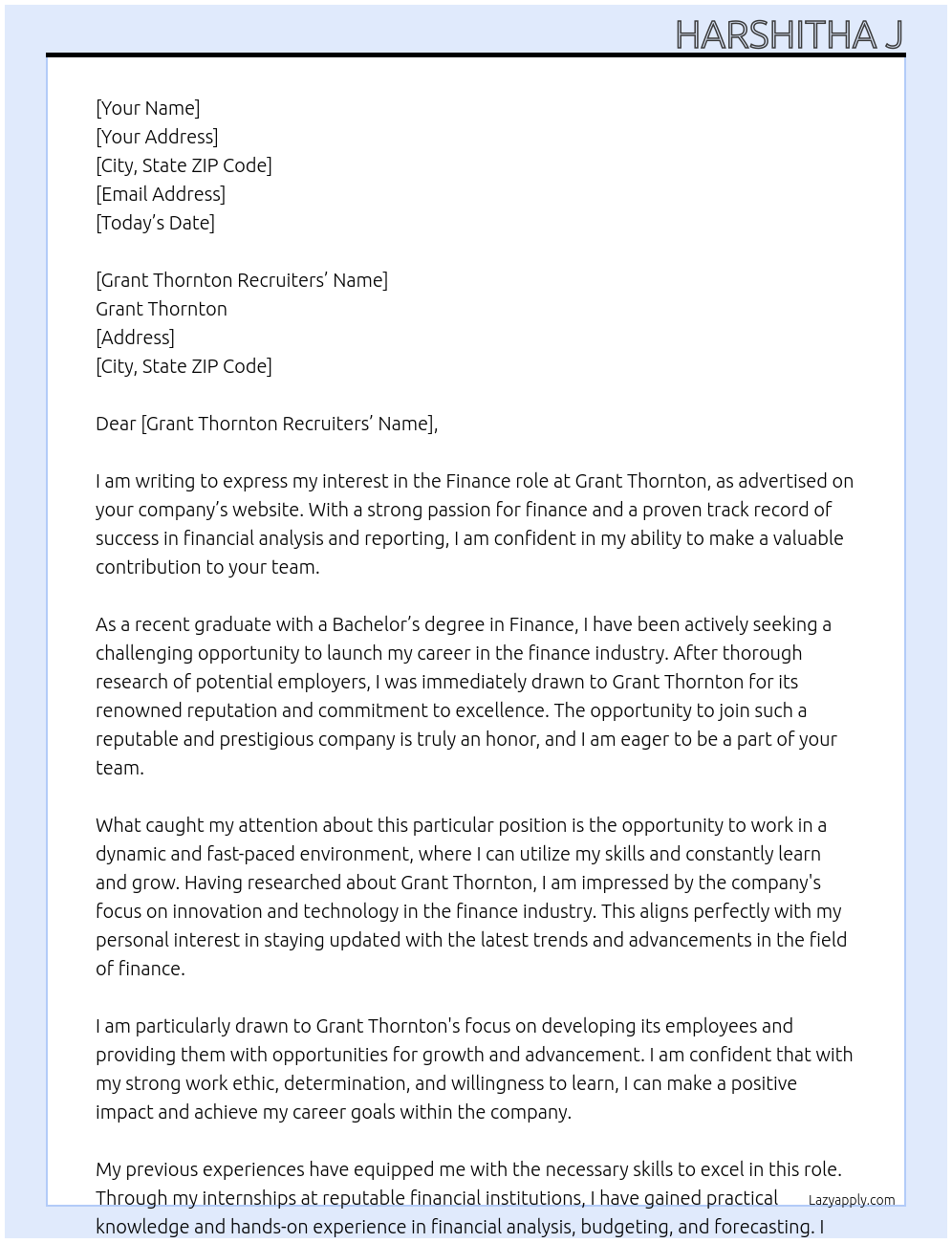 Finance role At Grant Thornton  Cover Letter