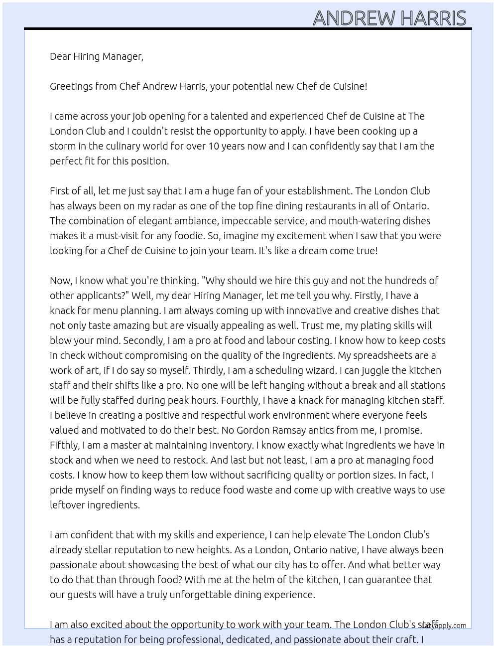 Chef de Cuisine At The London Club Cover Letter
