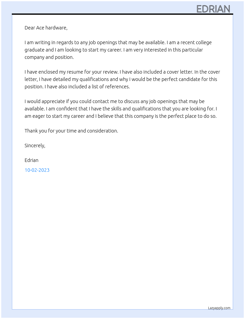 Any job At Worker Cover Letter