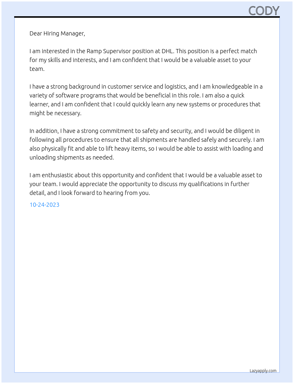 Ramp Supervisor At DHL Cover Letter