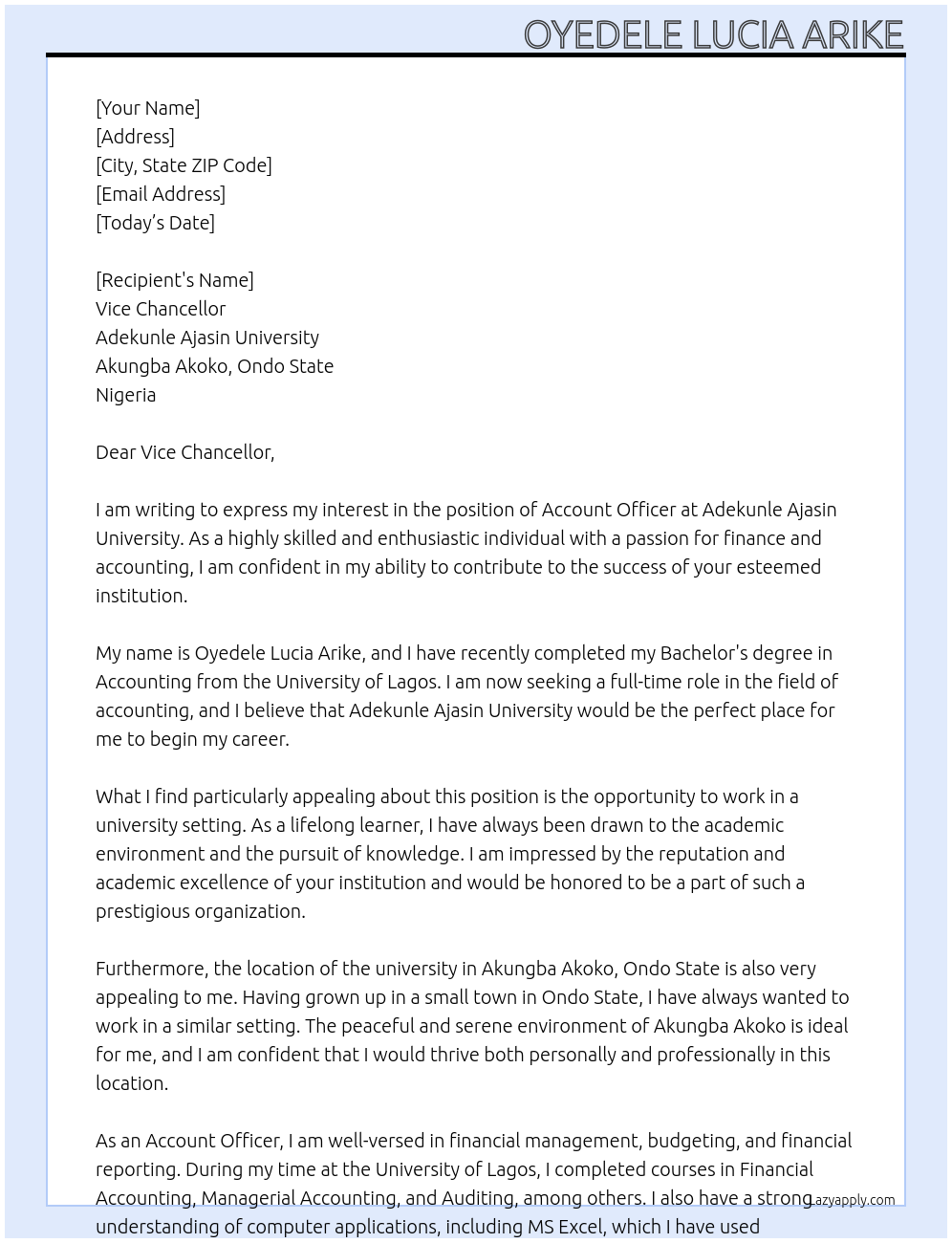 Account officer At Adekunle Ajasin University Cover Letter