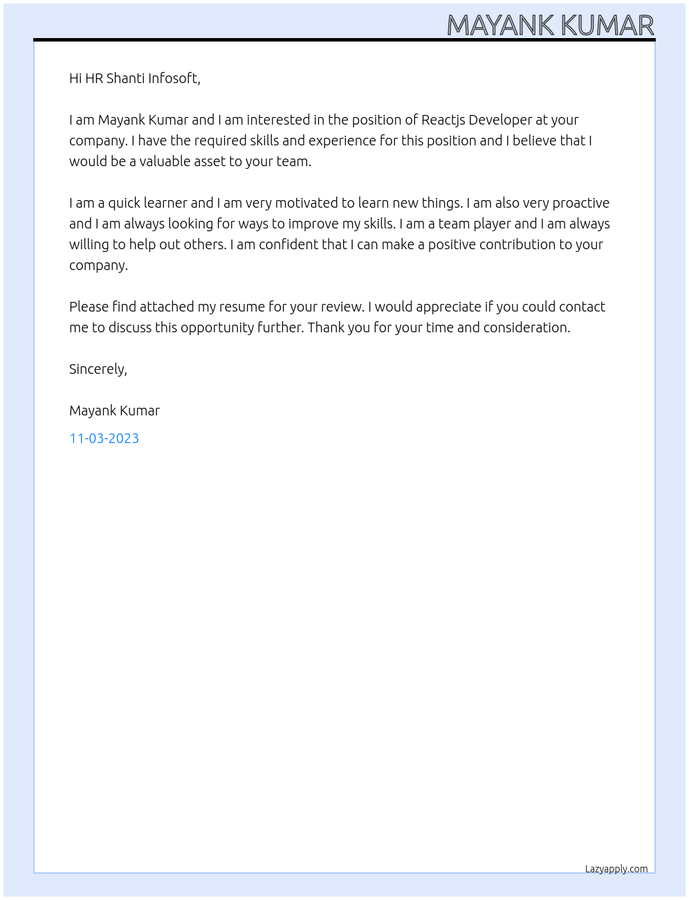 Reactjs Developer At Shanti Infosoft Cover Letter