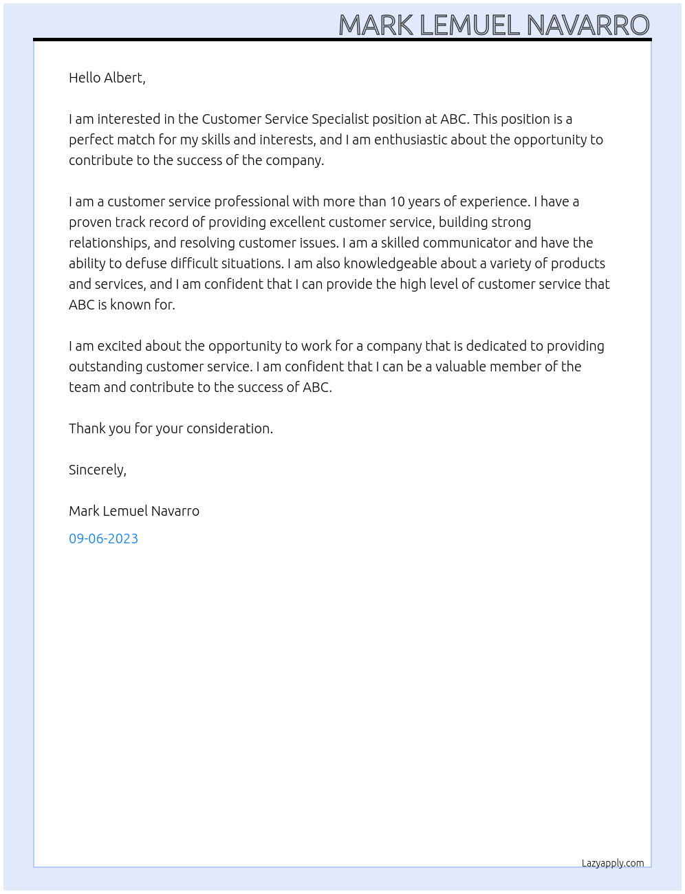 Customer Service Specialist At ABC Cover Letter