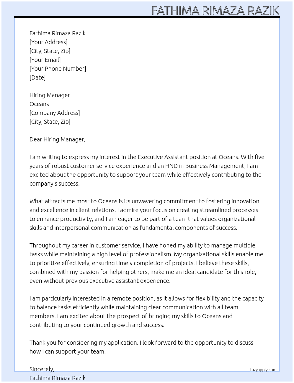 Executive assistant  At Oceans Cover Letter