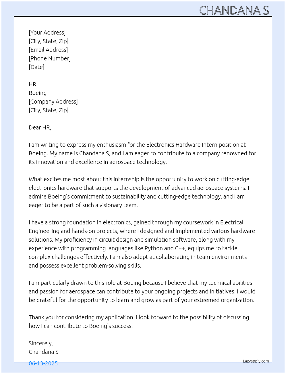 Electronics hardware intern At Boeing Cover Letter