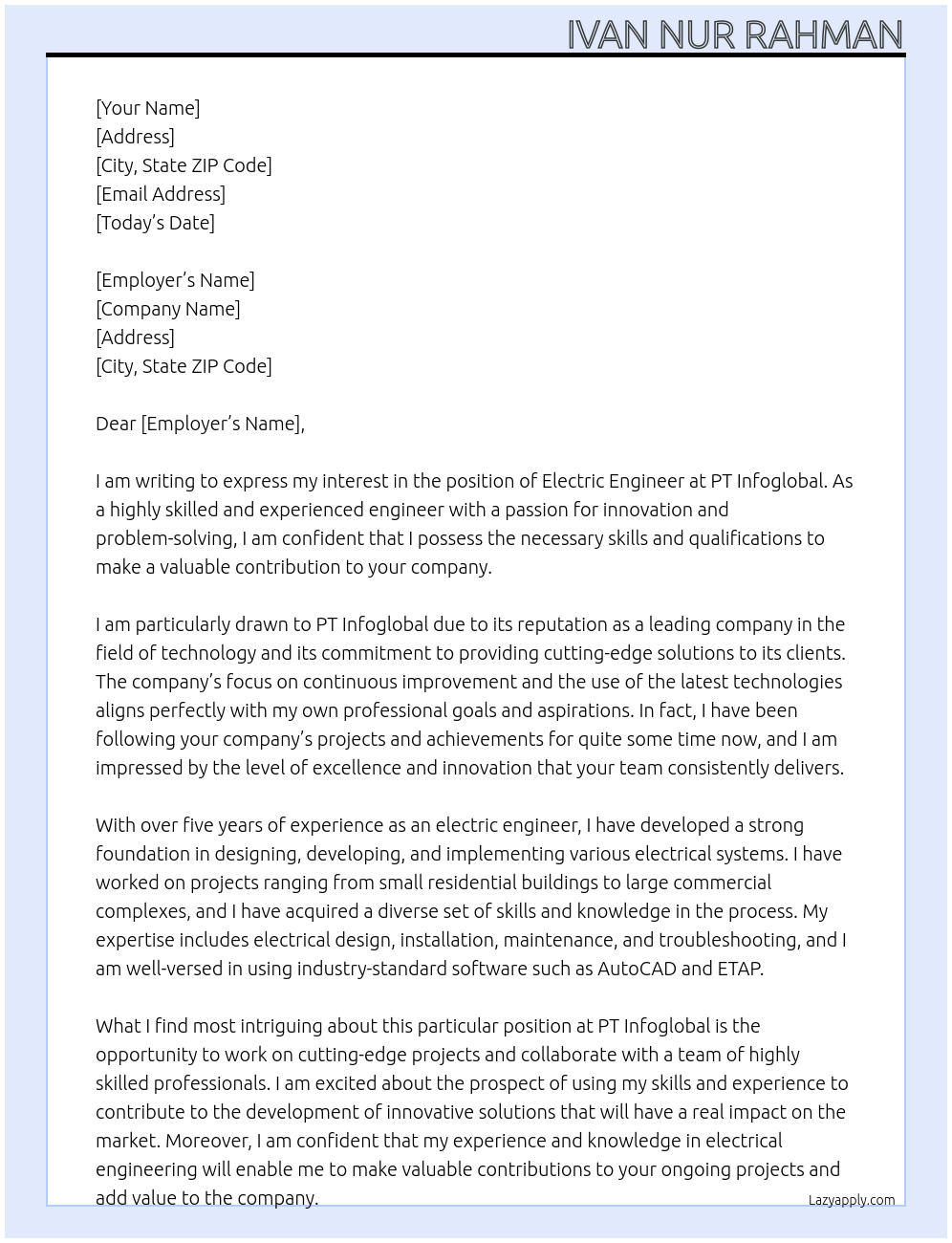 Electric Engineer At PT Infoglobal Cover Letter