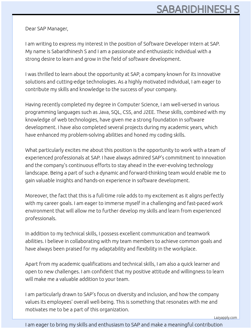 SOFTWARE DEVELOPER INTERN At SAP Cover Letter