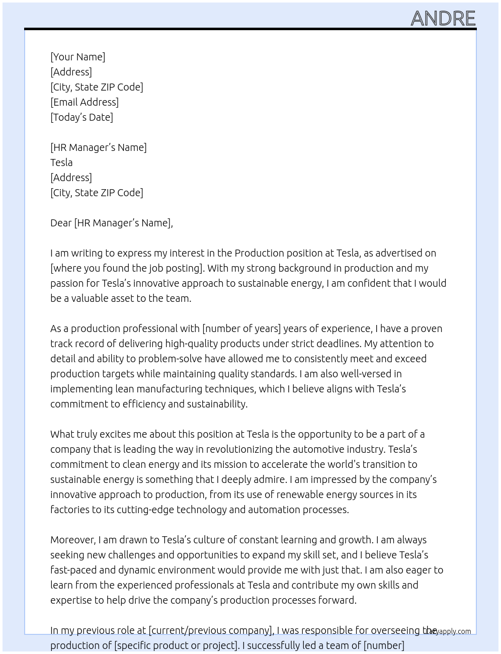 Production  At Tesla Cover Letter