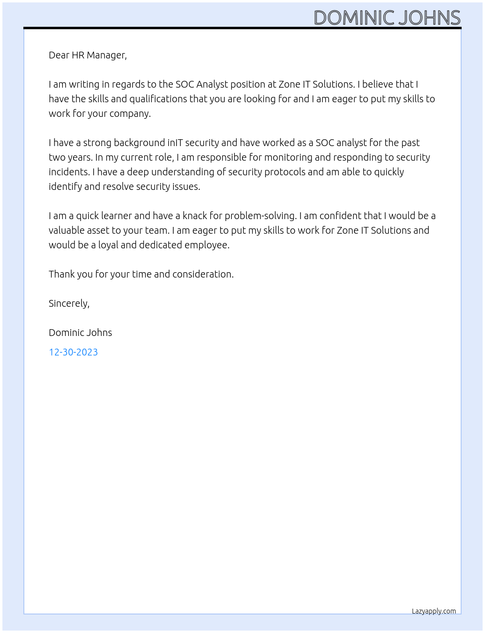 SOC Analyst At Zone IT solutions Cover Letter