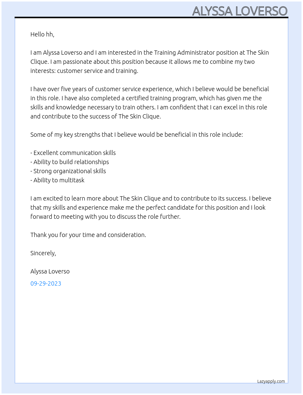 Training Administrator At The Skin Clique Cover Letter