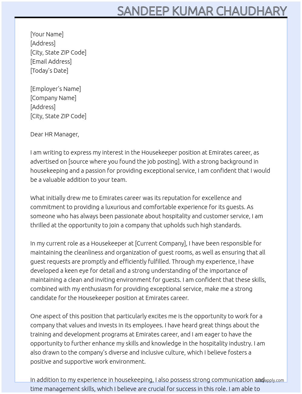 Housekeeper At Emirates career Cover Letter