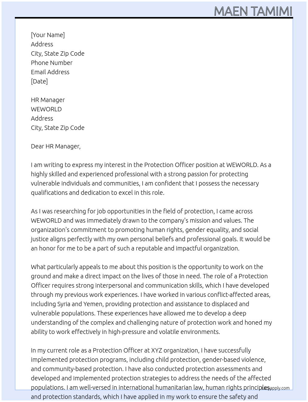 Protection  Officer At WEWORLD Cover Letter